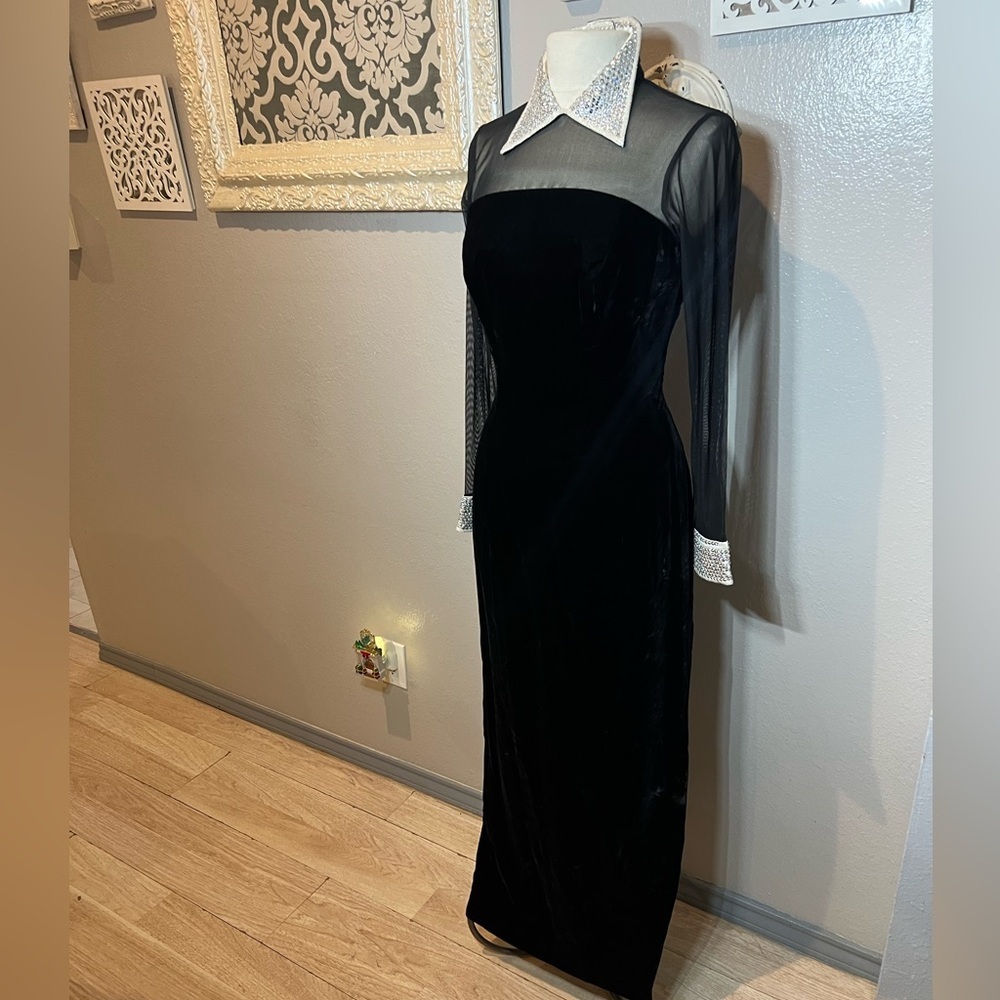 Michael Casey Black Velvet Dress with Sheer Sleeves and Crystals - Picture 4 of 15